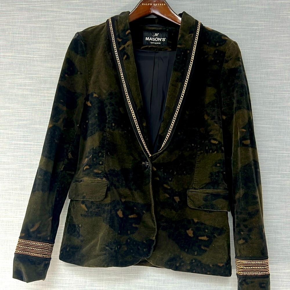 Velvet camouflage blazer with gold accents. Size 40. Fits 2-4